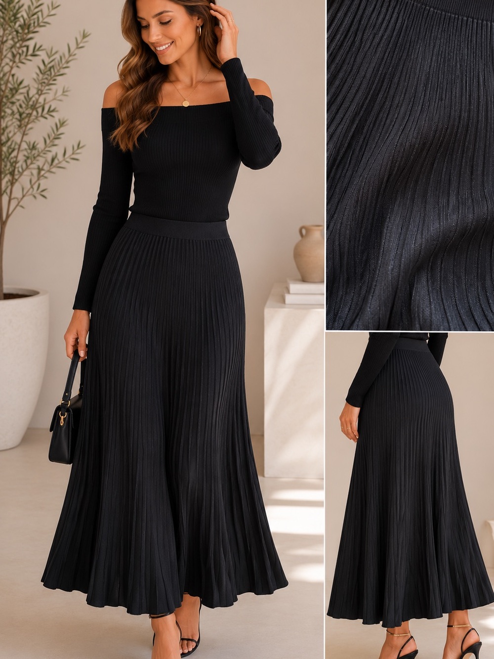 Elegant Black Pleated Maxi knit Skirt - Women's